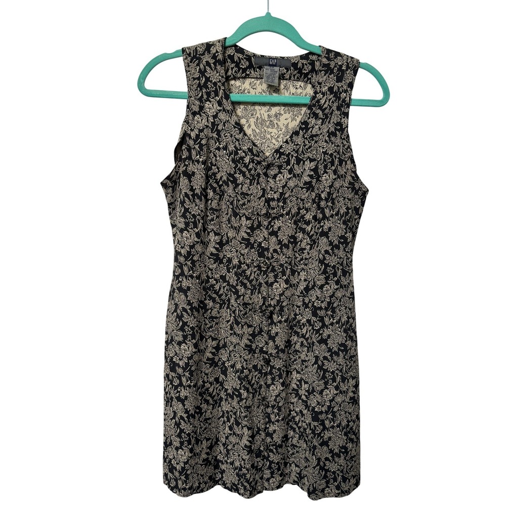 Vintage Gap Black Floral Frog Button Sleeveless Mini Dress 90s Rayon Size S